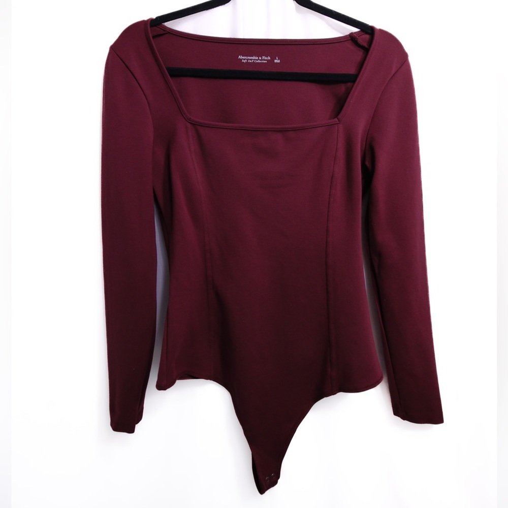 Abercrombie & Fitch Long-Sleeve Ponte Squareneck Seamed Bodysuit Burgundy W Lg
